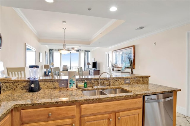 kitchen with ornamental molding, dishwasher, sink, and light stone countertops