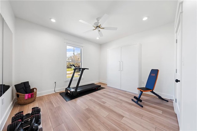 325 Pecan Ridge Blvd, Fairhope, AL 36532 - workout area featuring baseboards, a ceiling fan, light wood-style floors, and recessed lighting