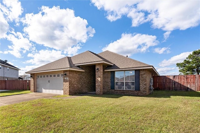 ranch-style house with a garage and a front lawn