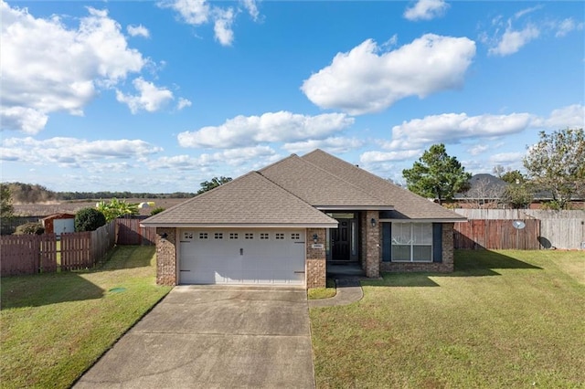 single story home featuring a front yard and a garage