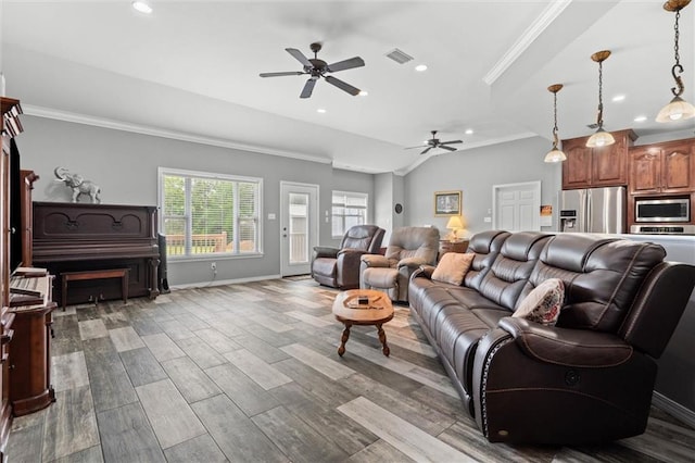218 Ferry Ave, Saraland, AL 36571 - living area featuring a ceiling fan, crown molding, recessed lighting, baseboards, and wood finished floors