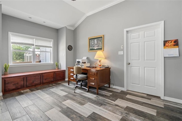 218 Ferry Ave, Saraland, AL 36571 - home office featuring ornamental molding, wood finished floors, lofted ceiling, and baseboards
