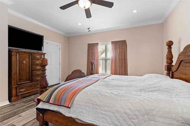218 Ferry Ave, Saraland, AL 36571 - bedroom with light wood-style flooring, ornamental molding, recessed lighting, a ceiling fan, and baseboards