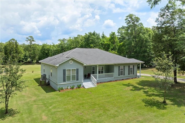 218 Ferry Ave, Saraland, AL 36571 - view of front facade with a porch, a front yard, a shingled roof, and central air condition unit