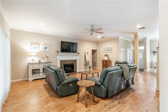 10164 Waterford Way, Mobile, AL 36695 - living area featuring crown molding, ceiling fan, light wood-style flooring, a fireplace with flush hearth, and recessed lighting