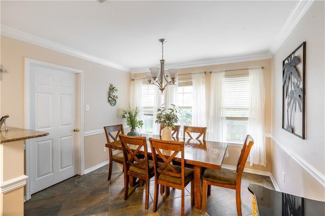 10164 Waterford Way, Mobile, AL 36695 - dining room with a chandelier, ornamental molding, and dark stone finish flooring