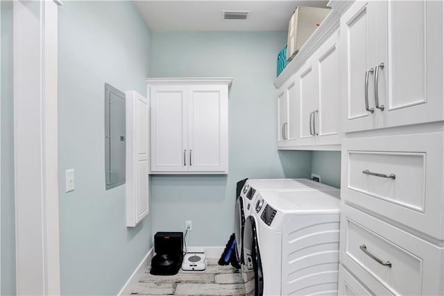 laundry area with cabinets, hardwood / wood-style flooring, electric panel, and washer and clothes dryer