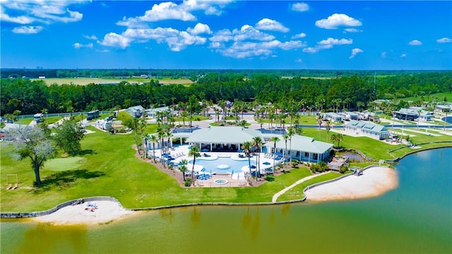 drone / aerial view with a water view