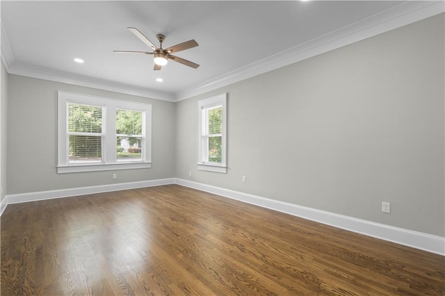 2203 Dauphin St, Mobile, AL 36606 - spare room featuring a ceiling fan, ornamental molding, baseboards, dark wood-style floors, and recessed lighting