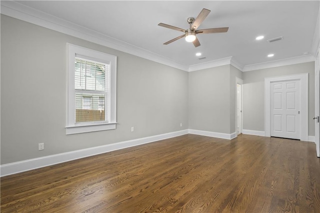 2203 Dauphin St, Mobile, AL 36606 - empty room with crown molding, ceiling fan, baseboards, dark wood-type flooring, and recessed lighting