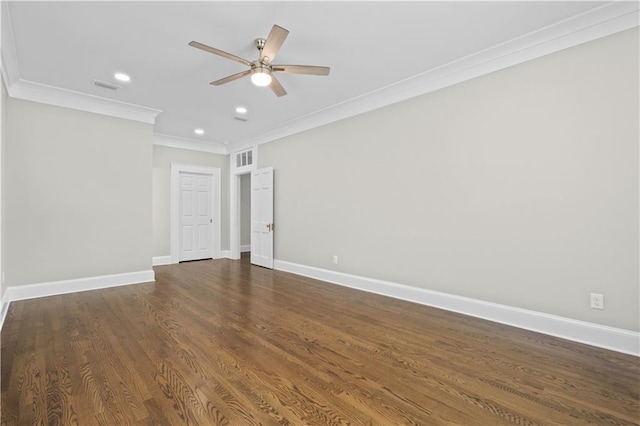 2203 Dauphin St, Mobile, AL 36606 - spare room featuring ceiling fan, ornamental molding, recessed lighting, baseboards, and dark wood-style floors