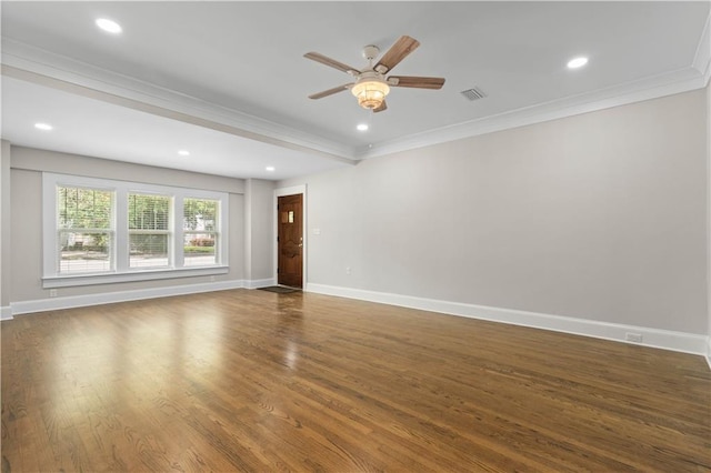 2203 Dauphin St, Mobile, AL 36606 - spare room with ornamental molding, ceiling fan, wood finished floors, baseboards, and recessed lighting