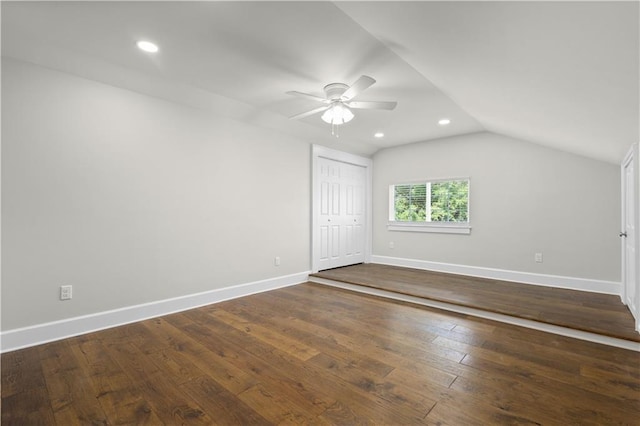 2203 Dauphin St, Mobile, AL 36606 - unfurnished bedroom featuring vaulted ceiling, baseboards, dark wood finished floors, recessed lighting, and ceiling fan