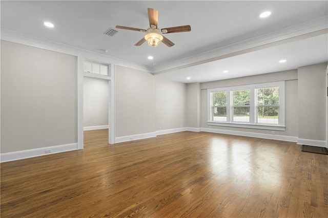 2203 Dauphin St, Mobile, AL 36606 - spare room featuring crown molding, a ceiling fan, recessed lighting, wood finished floors, and baseboards