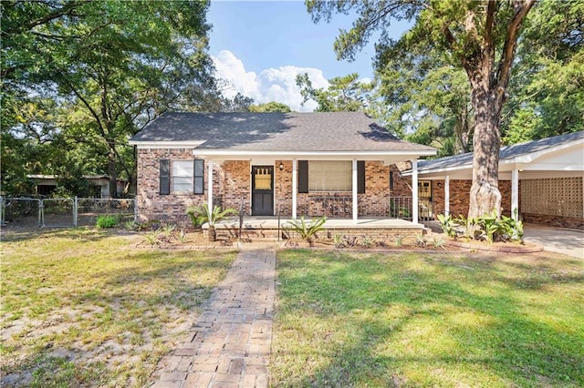 ranch-style home featuring covered porch and a front lawn