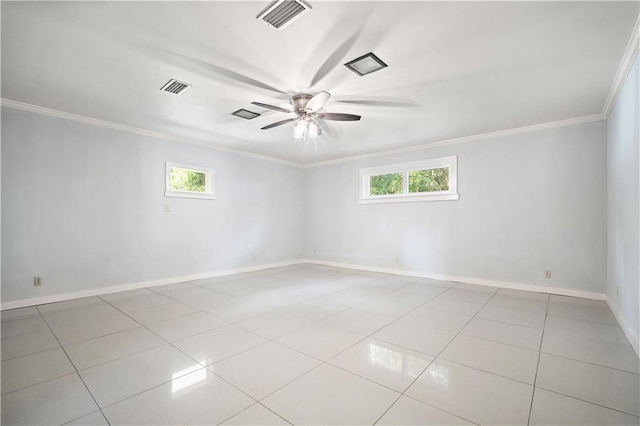 tiled empty room with ornamental molding and ceiling fan