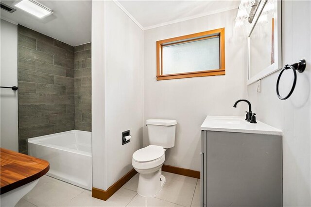 full bathroom featuring ornamental molding, toilet, tile patterned floors, vanity, and tiled shower / bath combo