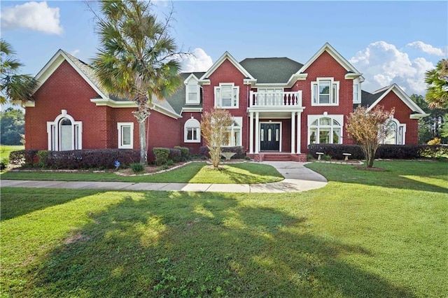 view of front of home featuring a front yard and a balcony