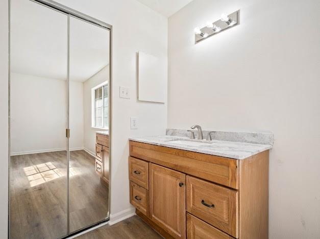 bathroom with baseboards, wood finished floors, and vanity