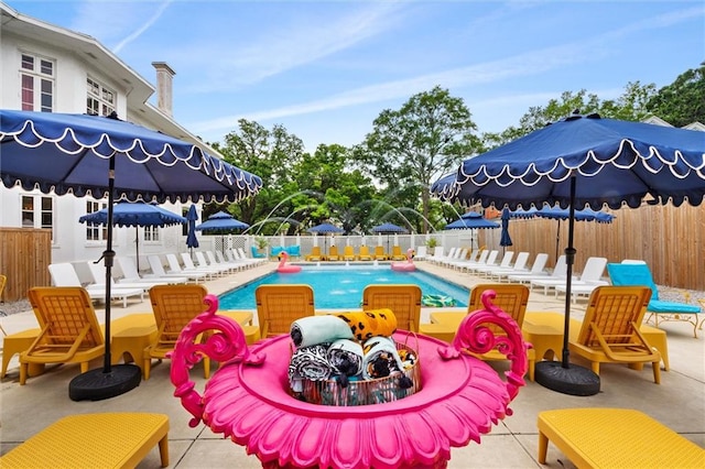 view of swimming pool featuring a patio area