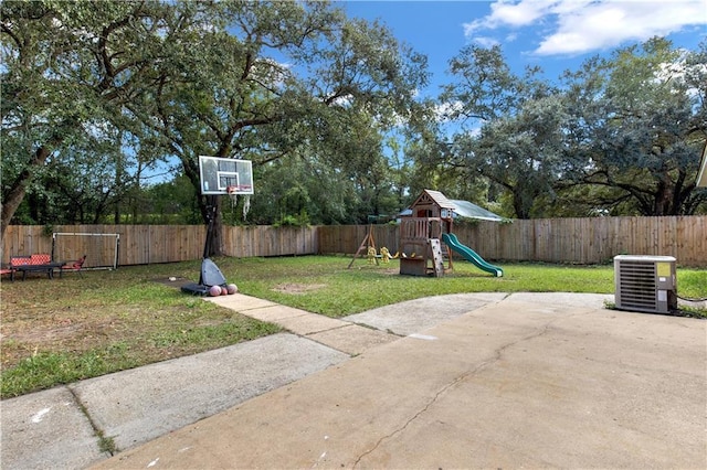 view of patio / terrace featuring a playground and central AC unit