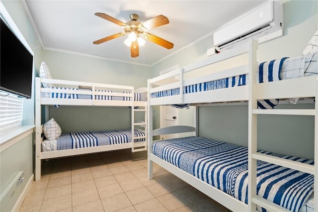 tiled bedroom featuring an AC wall unit, a ceiling fan, and crown molding