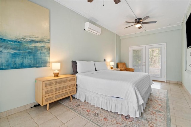 bedroom with access to exterior, french doors, light tile patterned floors, a wall mounted AC, and a ceiling fan