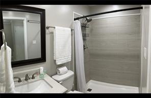 bathroom featuring walk in shower, vanity, and toilet