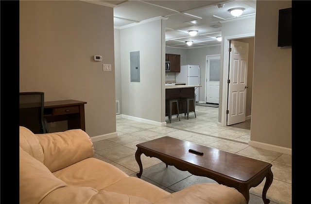 tiled living room with electric panel and crown molding