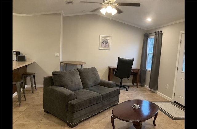 living room featuring lofted ceiling, light tile patterned floors, ceiling fan, and crown molding