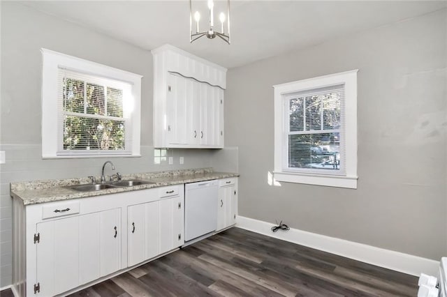 kitchen featuring white dishwasher, white cabinetry, a healthy amount of sunlight, and sink