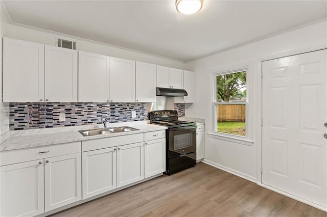 4061 Sallie Ct, Mobile, AL 36609 - kitchen featuring black / electric stove, tasteful backsplash, light wood-type flooring, white cabinets, and crown molding