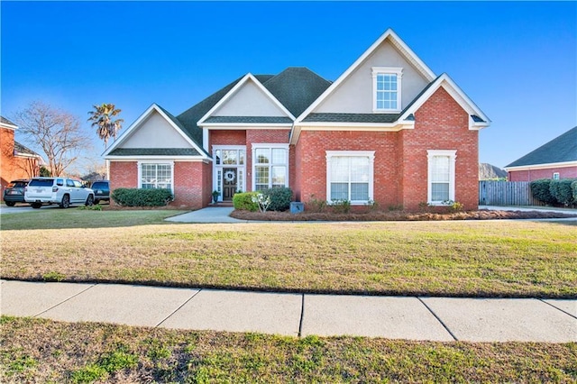 view of front of property with a front lawn, fence, and brick siding