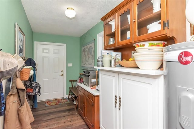 kitchen featuring glass insert cabinets, brown cabinets, dark wood-style flooring, electric water heater, and light countertops