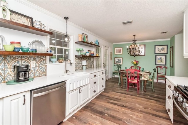 kitchen featuring visible vents, light countertops, appliances with stainless steel finishes, open shelves, and dark wood finished floors