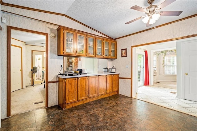 kitchen featuring ceiling fan, dark carpet, lofted ceiling, and crown molding