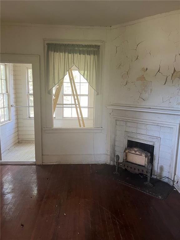 unfurnished living room featuring a fireplace and wood-type flooring