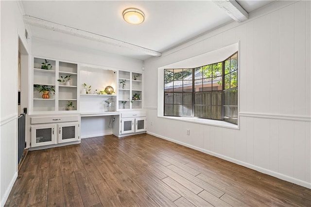 unfurnished living room featuring beam ceiling, dark hardwood / wood-style floors, built in features, and wooden walls