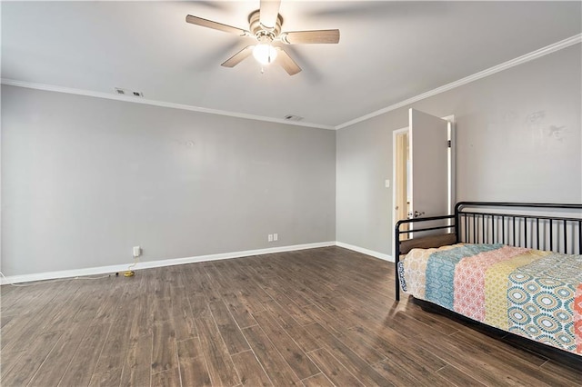 bedroom with ceiling fan, dark hardwood / wood-style floors, and ornamental molding