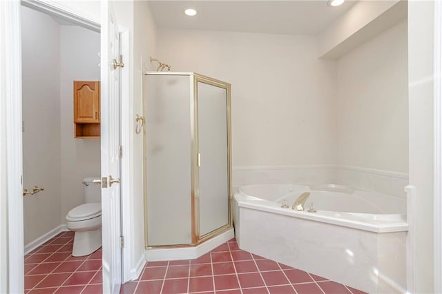 bathroom featuring plus walk in shower, tile patterned flooring, and toilet