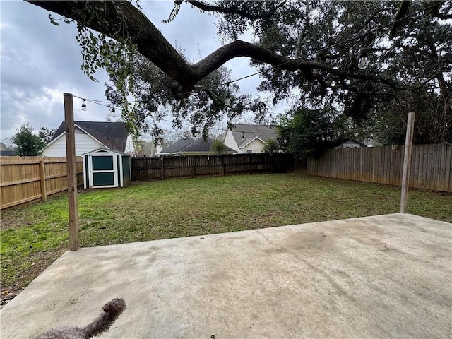 view of yard featuring a shed and a patio area