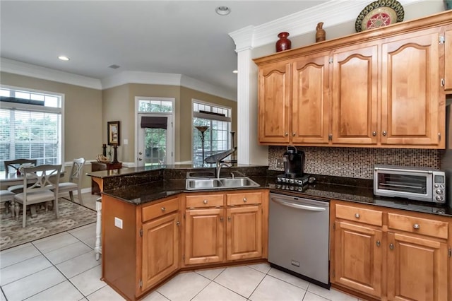 9633 White Castle Rd, Mobile, AL 36695 - kitchen featuring dishwasher, a peninsula, recessed lighting, dark stone counters, and light tile patterned floors