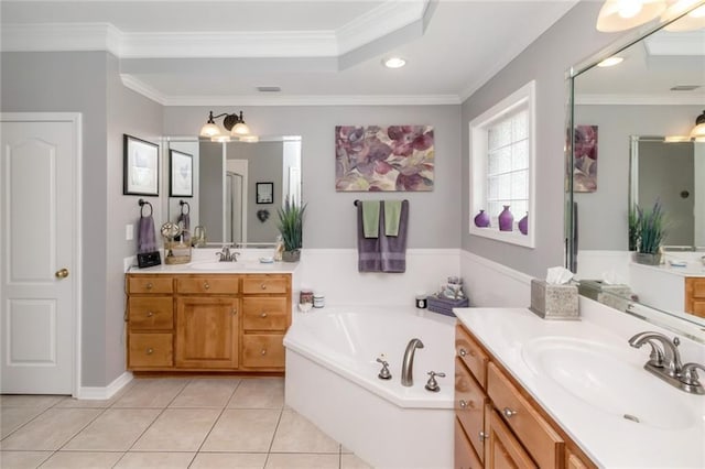 9633 White Castle Rd, Mobile, AL 36695 - full bathroom featuring two vanities, a bath, tile patterned floors, ornamental molding, and recessed lighting
