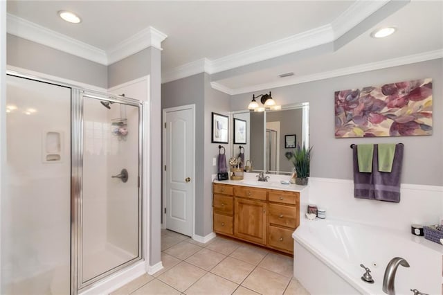 9633 White Castle Rd, Mobile, AL 36695 - bathroom featuring a shower stall, vanity, a whirlpool tub, tile patterned floors, and crown molding