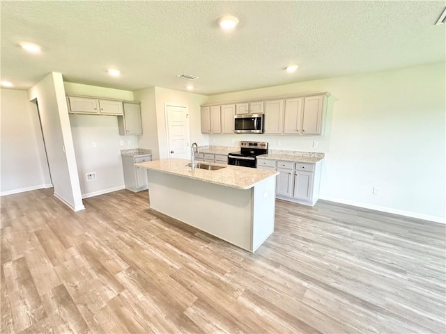 kitchen with appliances with stainless steel finishes, a textured ceiling, a center island with sink, and sink