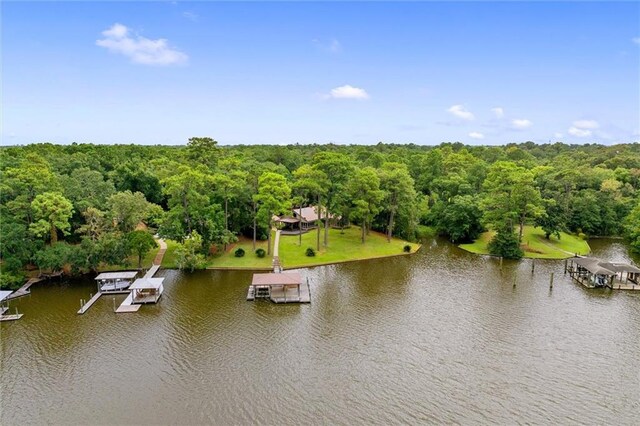 view of dock with a water view and a yard