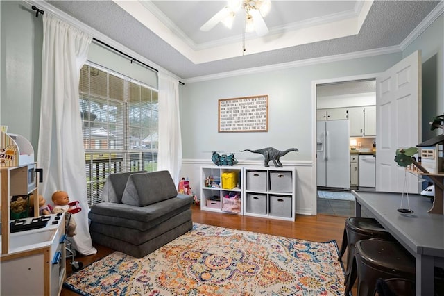 living area with a raised ceiling, ornamental molding, and a ceiling fan