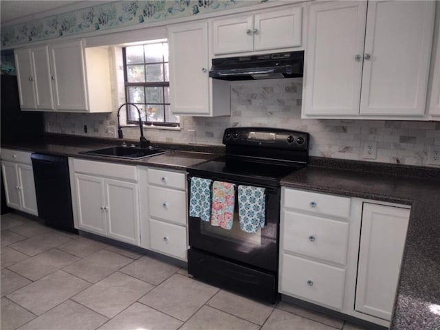 829 Desoto Dr, Dauphin Island, AL 36528 - kitchen with black appliances, a sink, range hood, and white cabinets