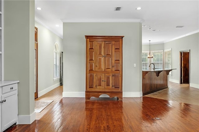 interior space with hardwood / wood-style flooring, crown molding, and sink