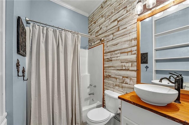 full bathroom with ornamental molding, vanity, shower / bath combo, and toilet